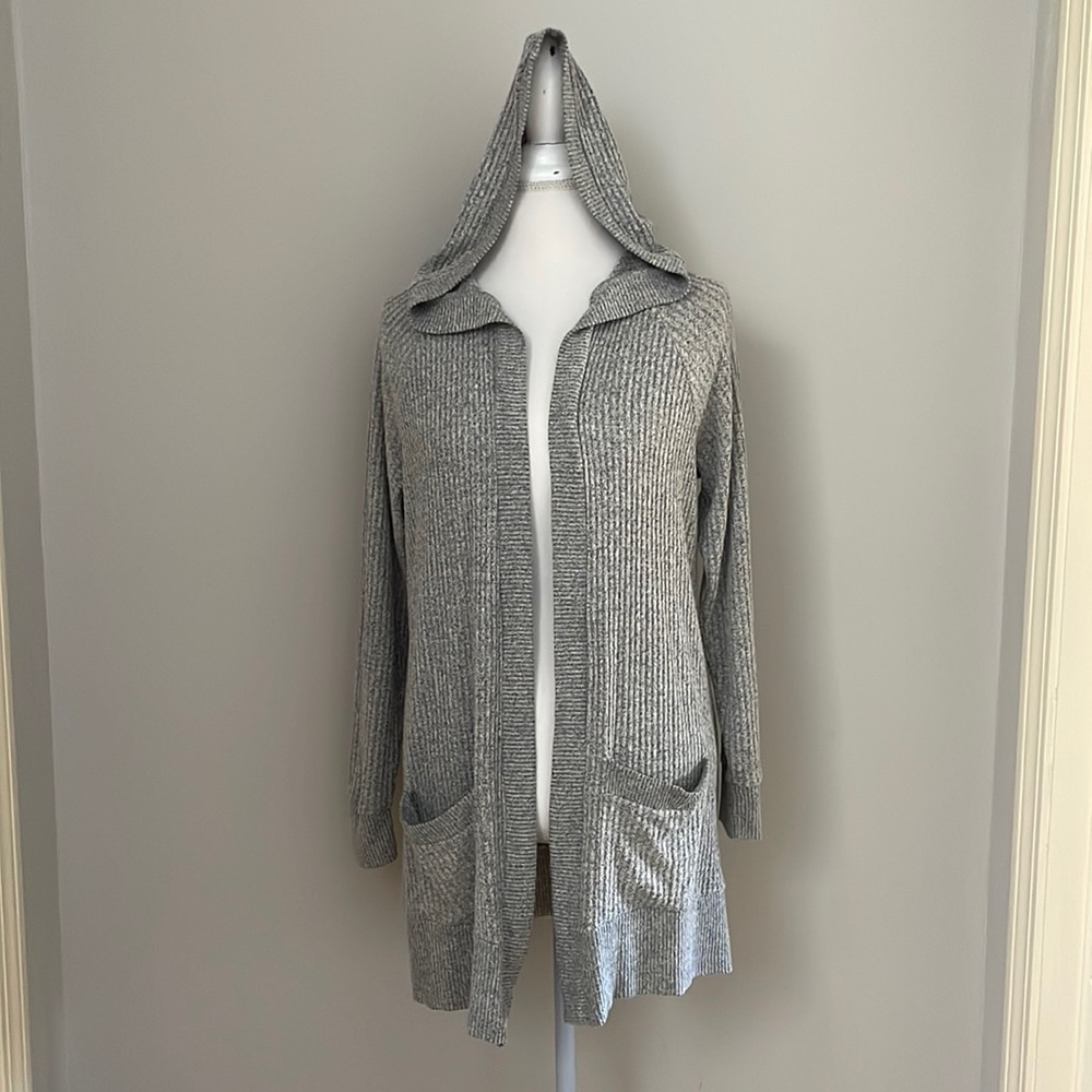 Pink Rose Long Sleeve Cardigan with Hood, lightweight, Gray Print, Large